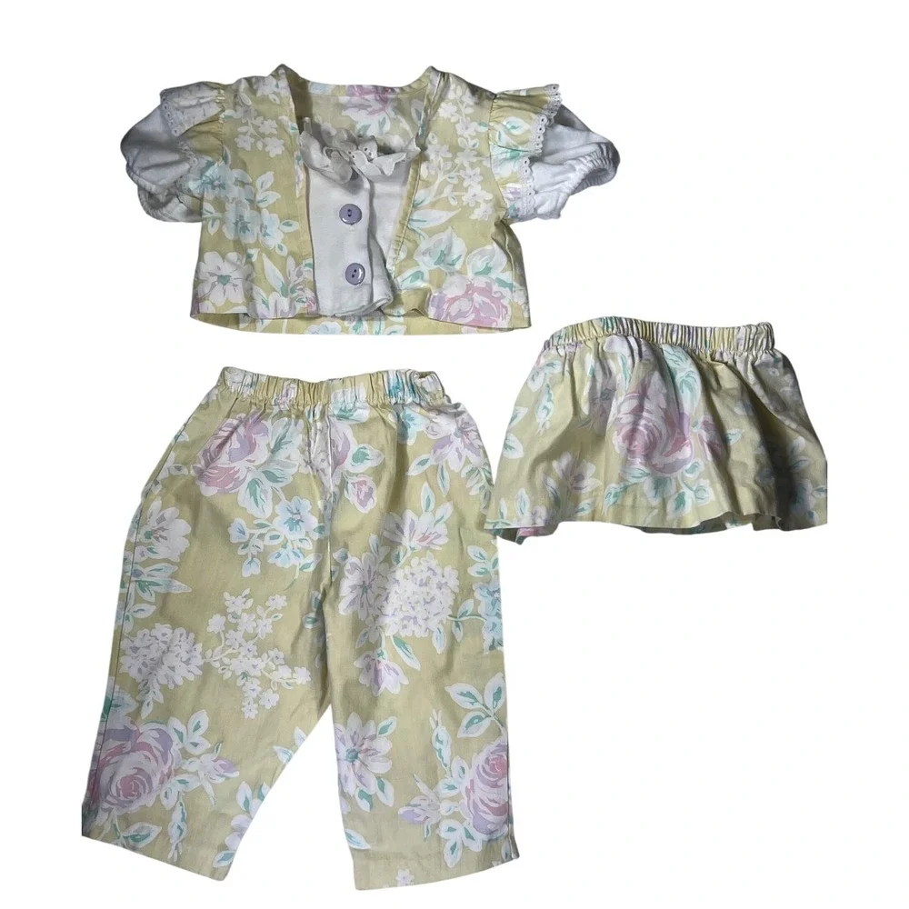 Vintage Evy Kids Floral 3 Piece Set Top Pants Skirt Pastel‎ Yellow Pink Lace 6-9